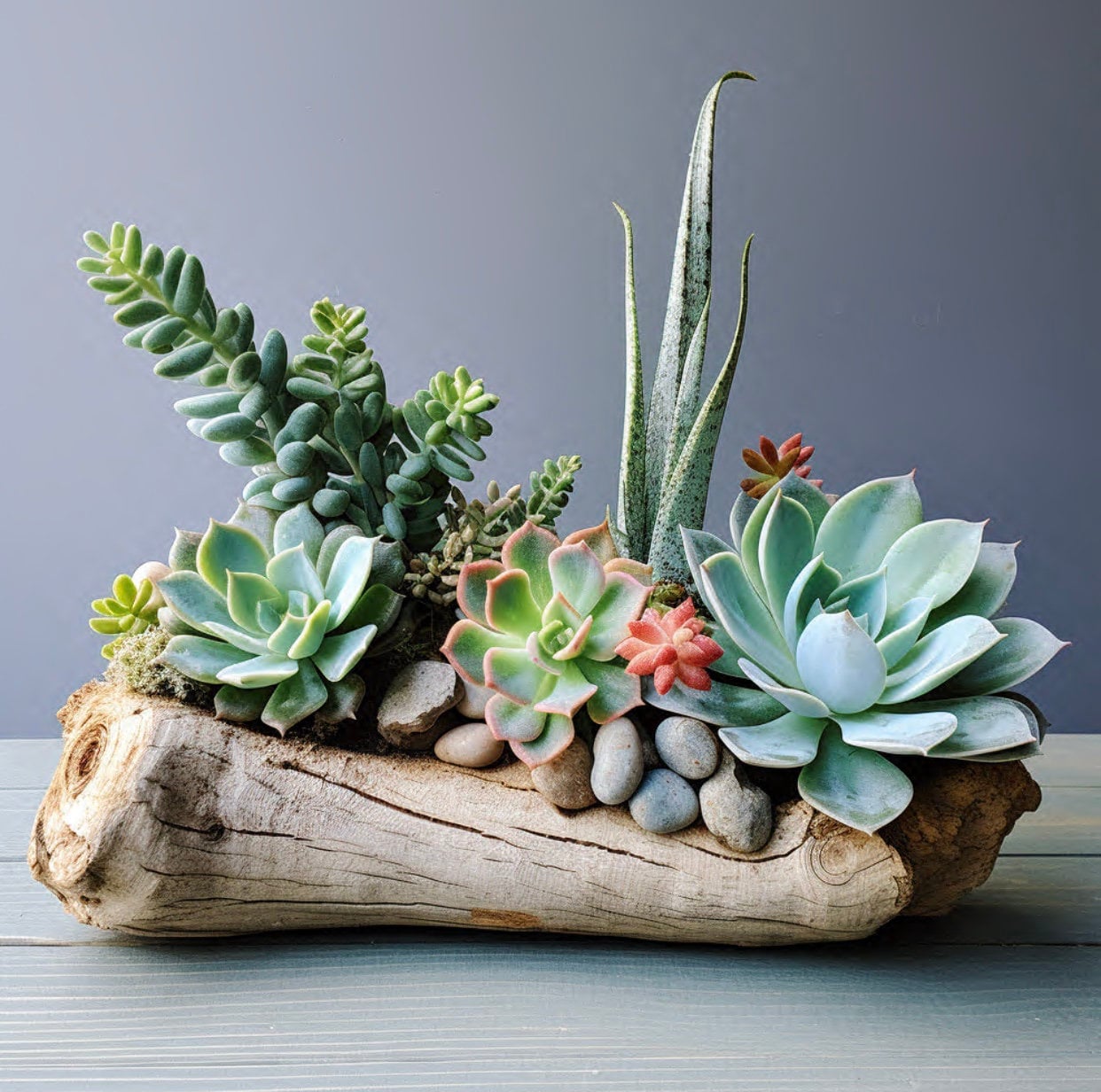 Pièce maîtresse de composition de plantes succulentes vivantes en bois d'eucalyptus naturel fait main