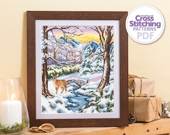 Padrão de ponto cruz em PDF para floresta de inverno, download instantâneo, imagem de animal de paisagem florestal, mundo do ponto cruz, por Amanda Butler