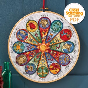 Astrologie, roue, point de croix, modèle, PDF, téléchargement immédiat, zodiaque, horoscope, signes, le monde du point de croix, par Lisa Reakes