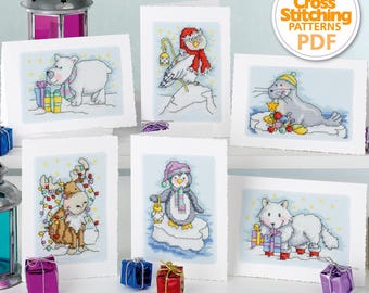 Tiere der Arktis Kreuzstich Muster PDF Sofortiger Download, 6 süße Weihnachtskarten, Die Welt des Kreuzstichs von Durene Jones