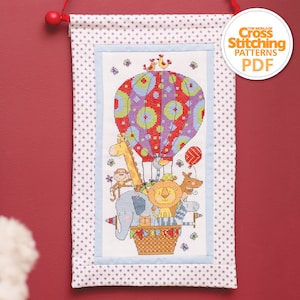 Hot Air Balloon Animals Cross Stitch Pattern PDF Chart Instant Download, Kids Nursery Sampler, The World of Cross Stitching, by Durene Jones