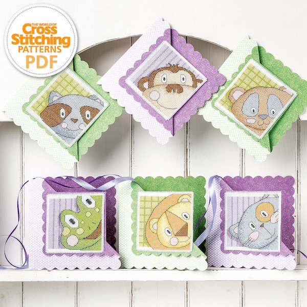 Peeking Animal Cross Stitch Patterns PDF Charts Instant Download, Cute All Occasion Cards, The World of Cross Stitching, by Durene Jones