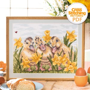 Eendjes kruissteekpatroon PDF-grafiek direct downloaden, realistische schattige foto van boerderijdieren, de wereld van kruissteken, door Jenny Barton