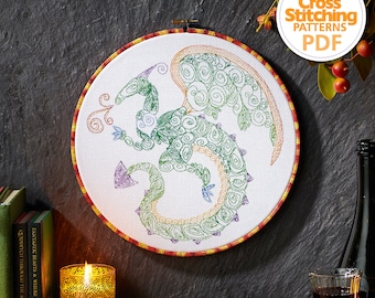 Drachen Kreuzstich Muster PDF Sofortiger Download, Rückstich Handarbeit, Stickrahmen, Die Welt von Kreuzstich, von Fiona Baker