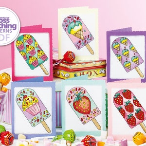 Eis am Stiel Sommer Karten Kreuzstichmuster PDF Charts Sofortiger Download Eis Erdbeerkuchen Kinder Spaß Grußkarten von Durene Jones