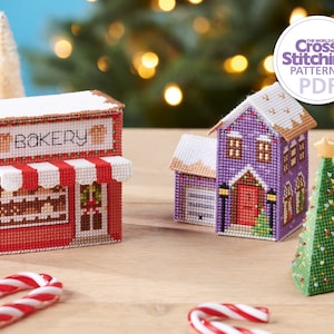 3D Christmas Village 2 Cross Stitch Patterns PDF Chart Instant Download, Plastic Canvas House, Bakery, World Cross Stitching, by Fiona Baker