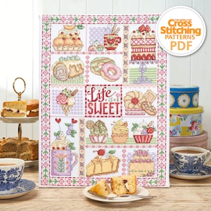 Life is Sweet Sampler Cross Stitch Pattern PDF Chart Instant Download, Cupcakes, Sweet Treats, The World of Cross Stitching, by Durene Jones