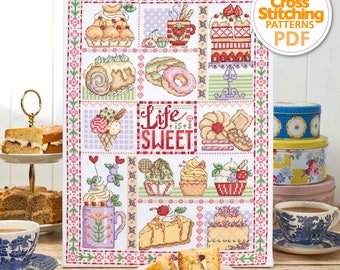 Life is Sweet Sampler Cross Stitch Pattern PDF Chart Instant Download, Cupcakes, Sweet Treats, The World of Cross Stitching, by Durene Jones