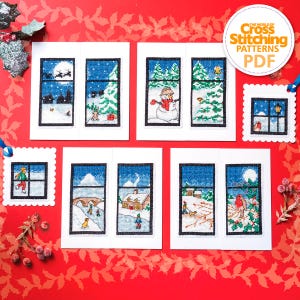 Winter venster klapkaarten kruissteekpatronen pdf-diagram direct downloaden, 6 kerstsets, de wereld van kruissteken, door Fiona Baker