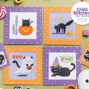 Halloween schwarze Katze Kreuzstich Muster PDF Sofortiger Download 6er-Set Halloween Karte Gruß Spooky Dekor Kürbis von Mollie Johanson