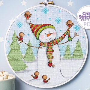 Snowman Cross Stitch Pattern PDF Chart Instant Download Round Robins Hoop Art Fun Xmas Decor Festive Holiday Stitching by Durene Jones