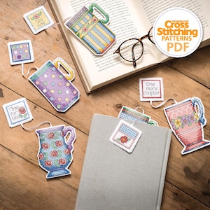 Marque-pages de tasse de thé, modèles de point de croix, grilles PDF, téléchargement immédiat, modèle de tasses et de sachets de thé, le monde du point de croix, par Rhona Norrie