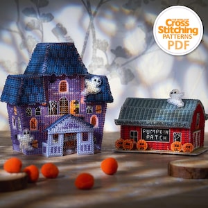 May include: Two cross stitch patterns for Halloween decorations. A purple haunted house with a ghost and a red barn with a pumpkin patch sign and a ghost.