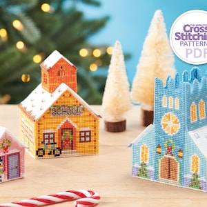 Village de Noël 3D 3 modèle de point de croix, grille PDF, téléchargement immédiat, toile en plastique, école, église, monde au point de croix, par Fiona Baker