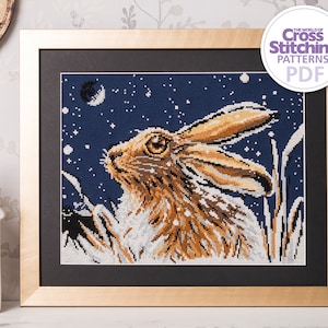 Hare Cross Stitch Pattern PDF Chart Instant Download Realistic Animal Rabbit Stitched Snow Scene Beautiful Natural World by Carol Thornton