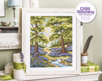 Patrón de punto de cruz "Bosque de campanillas de primavera" (PDF, descarga instantánea), Escena de río en el bosque, El mundo del punto de cruz, por Amanda Butler
