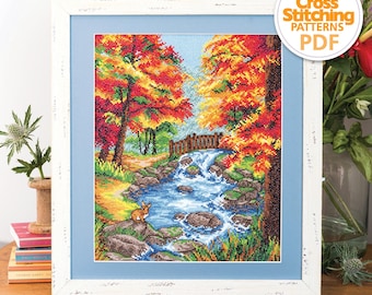 Padrão de ponto cruz para floresta de outono e outono em PDF, download instantâneo, imagem de paisagem florestal, o mundo do ponto cruz, Amanda Butler