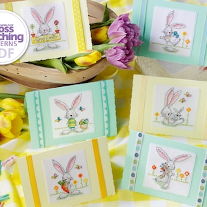 Spring Bunny Cross Stitch Patterns PDF Charts Instant Download, Set of 6 Easter Card Greetings, The World of Cross Stitching by Durene Jones