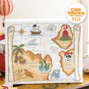 Carte au trésor des pirates, motif point de croix, grille PDF, téléchargement immédiat, île au trésor amusante pour les enfants, le monde du point de croix, par Jenny Barton
