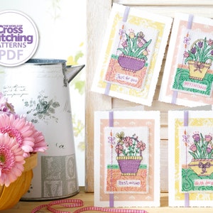 Carte d'anniversaire, motifs floraux au point de croix, grilles PDF, téléchargement immédiat, voeux de panier de fleurs, monde du point de croix, par Durene Jones