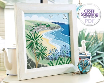 Padrão de ponto cruz de cena de praia Download instantâneo de gráfico em PDF, Cornwall View Summer Picture, The World of Cross Stitching, por Homestitchness