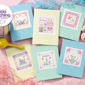 Nieuwe baby kruissteekpatroon PDF-grafiek Instant download set van 6 doopdoop Welkom babywereld van kruissteken door Gail Bussi