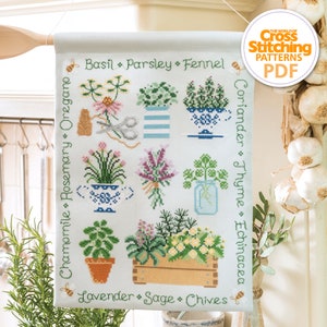 Herb Sampler Cross Stitch Pattern PDF Chart Instant Download, Nature Kitchen Garden Hanging, The World of Cross Stitching by Homestitchness