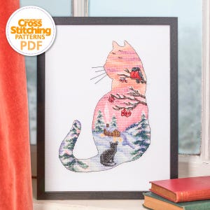 冬の猫のシルエットのクロスステッチパターン PDF チャートの即時ダウンロード、雪の動物の絵、ペリー アブデル ハディによるクロスステッチの世界