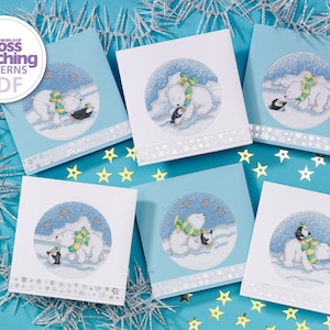 Jeu de 6 cartes de voeux d'hiver, ours polaire, pingouin, neige, téléchargement immédiat, téléchargement immédiat, grille PDF