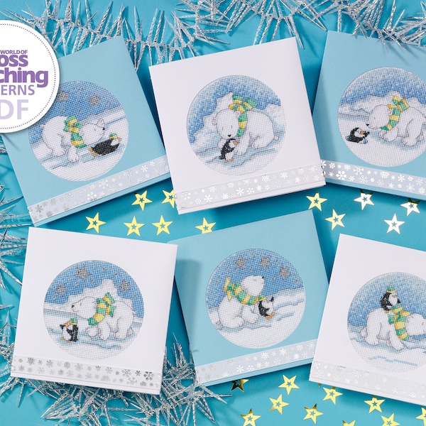 Polar Pals Animal Cross Stitch Pattern PDF Chart Instant Download Set 6 Circle Polar Bear Penguin Snow Winter Greeting Cards par Durene Jones