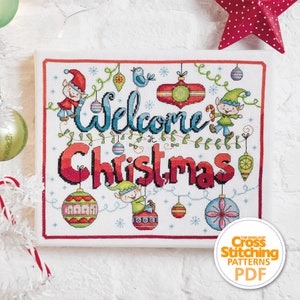 Elf Welcome Sign Cross Stitch Pattern PDF Chart Instant Download, Festive Fun, Holiday Decor, The World of Cross Stitching, by Durene Jones