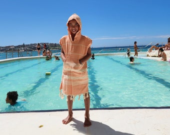 Poncho de playa con capucha para niños, de algodón turco / Toalla para cambiarse al surf (6-8 años)