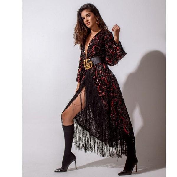 Double fringes kimono in dark grey