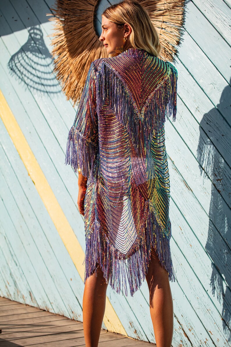 Sequin Kimono With Fringes Women Kimono Festival Outfit Etsy