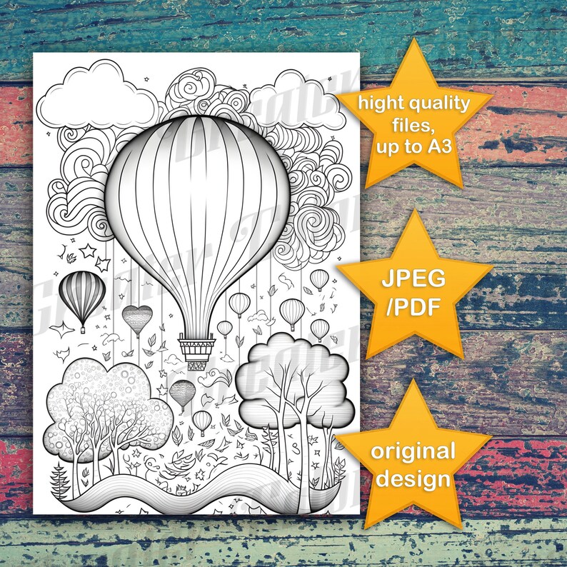 Premium Coloring Page Printable Adult Hot Air Balloon - Etsy