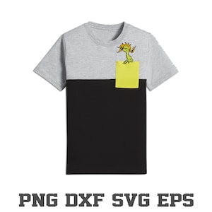 May include: A gray and black t-shirt with a yellow pocket. A green creature with orange hair is peeking out of the pocket.