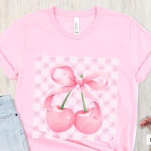 Cherry Bow T-Shirt, Retro Trendy Women&#39;s Tee, Coquette Graphic Top, Fashion Shirt, Cute Pink Bow Women&#39;s T-shirt, Gift for Girlfriend