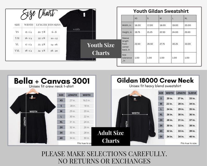May include: Size chart for Bella + Canvas 3001 unisex t-shirts and Gildan 18000 crew neck sweatshirts. The chart shows the width, length, and sleeve length in inches for each size, from XS to 5X.