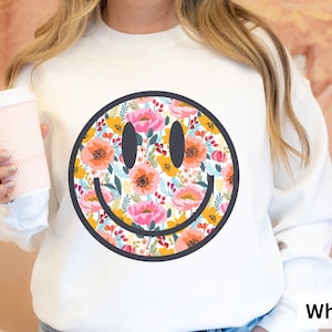 Bright Floral Happy Face Sweatshirt, Colorful Flower Jumper, Floral Print Sweater, Cheerful Botanical Pullover, Gift for Nature Lover