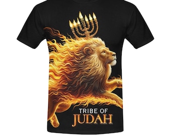 May include: Black t-shirt with a graphic of a lion with flames and a menorah on its head. The text "TRIBE OF JUDAH" is printed below the lion.