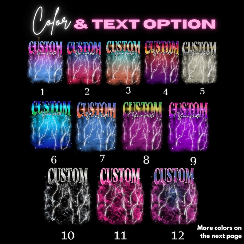 Pode incluir: Doze op&ccedil;&otilde;es de cores diferentes para um design de camiseta personaliz&aacute;vel com um gr&aacute;fico de raio e o texto "CUSTOM YOUR PHOTO".