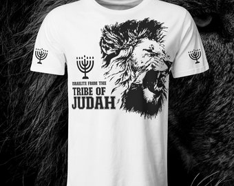 May include: White t-shirt with a black lion's head graphic and the text "Israelite from the Tribe of Judah" with a menorah symbol on either side.