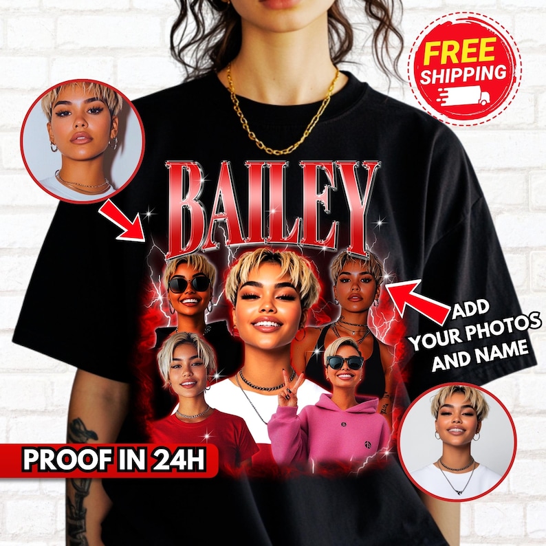 Pode incluir: Camiseta preta com um design gr&aacute;fico vermelho e branco com o nome "BAILEY" em letras em negrito e v&aacute;rias imagens de pessoas. O texto "ADICIONE SUAS FOTOS E SEU NOME" est&aacute; no canto inferior direito.