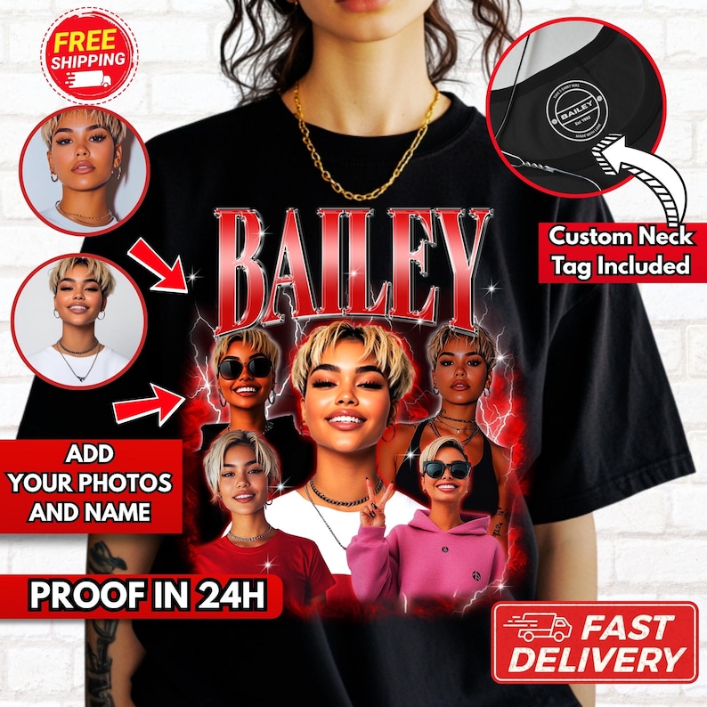 Pode incluir: Camiseta preta com um gr&aacute;fico vermelho "BAILEY" e uma etiqueta de pesco&ccedil;o personalizada. A camiseta apresenta um design com v&aacute;rias pessoas e raios. Adicione suas fotos e seu nome para personalizar a camiseta.