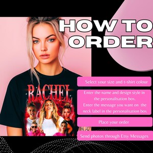 Pode incluir: Uma camiseta preta com a palavra "RACHEL" impressa em vermelho e branco com um gr&aacute;fico de quatro mulheres. As instru&ccedil;&otilde;es sobre como encomendar uma camiseta personalizada est&atilde;o listadas abaixo da imagem.