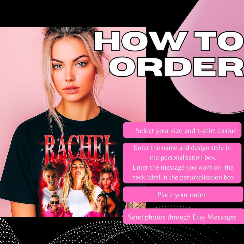 Pode incluir: Uma camiseta preta com a palavra "RACHEL" impressa em vermelho e branco com um gr&aacute;fico de quatro mulheres. As instru&ccedil;&otilde;es sobre como encomendar uma camiseta personalizada est&atilde;o listadas abaixo da imagem.