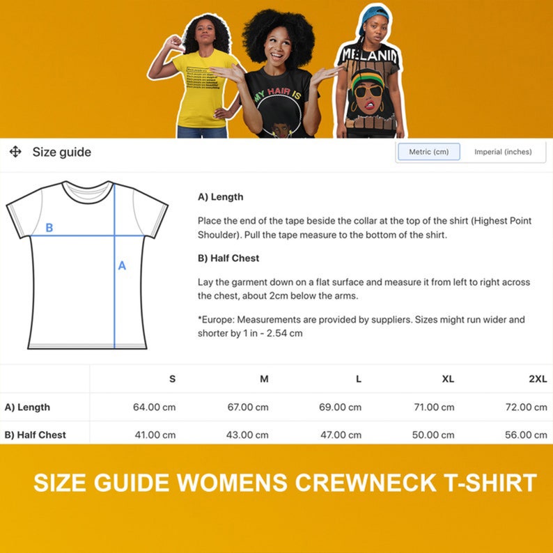 May include: Size guide for women's crewneck t-shirts with measurements in centimeters for different sizes: S, M, L, XL, and 2XL. The guide includes measurements for length and half chest.