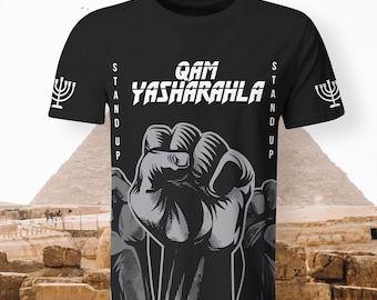 May include: Black t-shirt with a raised fist graphic and the text "QAM YASHARAHLA STAND UP" on the front. The shirt also features a menorah graphic on each sleeve.