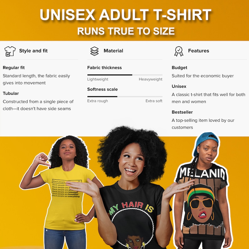 May include: Three models are wearing different unisex t-shirts. The first t-shirt is yellow with black text that reads "Black people are", "Black people are talented", "Black people are beautiful", "Black people are everything", "Black people are amazing". The second t-shirt is black with white text that reads "My hair is". The third t-shirt is brown with black text that reads "Melanin".