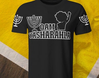 May include: Black t-shirt with a white menorah, a silhouette of a person with an afro raising their fist, and the text "OAM YASHARAHLA".
